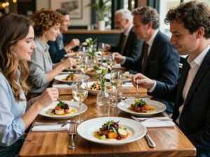 An elegant dining setup in a Charleston restaurant with beautifully plated dishes.