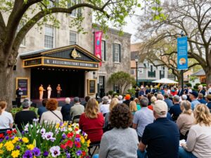 Colorful spring event in Charleston with crowds enjoying theater.