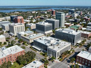 Aerial view of Charleston SC showcasing local businesses and economic growth.