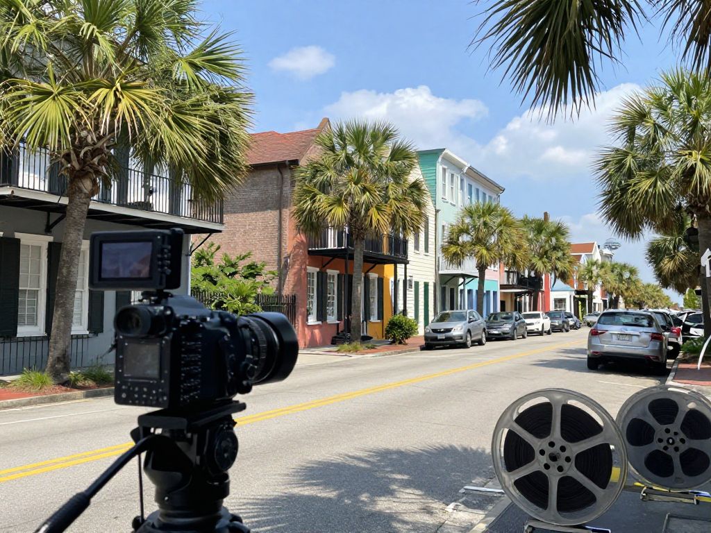 A scenic view of Charleston with film-related elements.