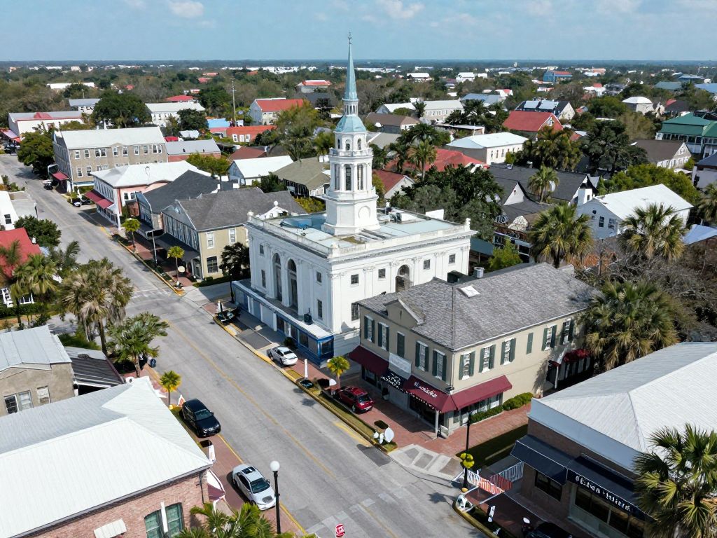 A vibrant Charleston scene with local businesses buying gold and silver.