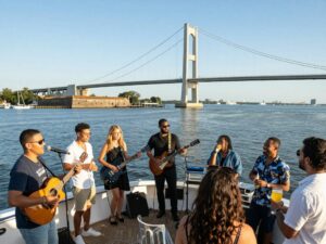 A private boat party on Charleston Harbor with guests enjoying music and refreshments.