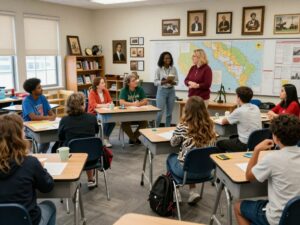 Adults learning about Charleston's history in a classroom at Modjeska Simkins School.