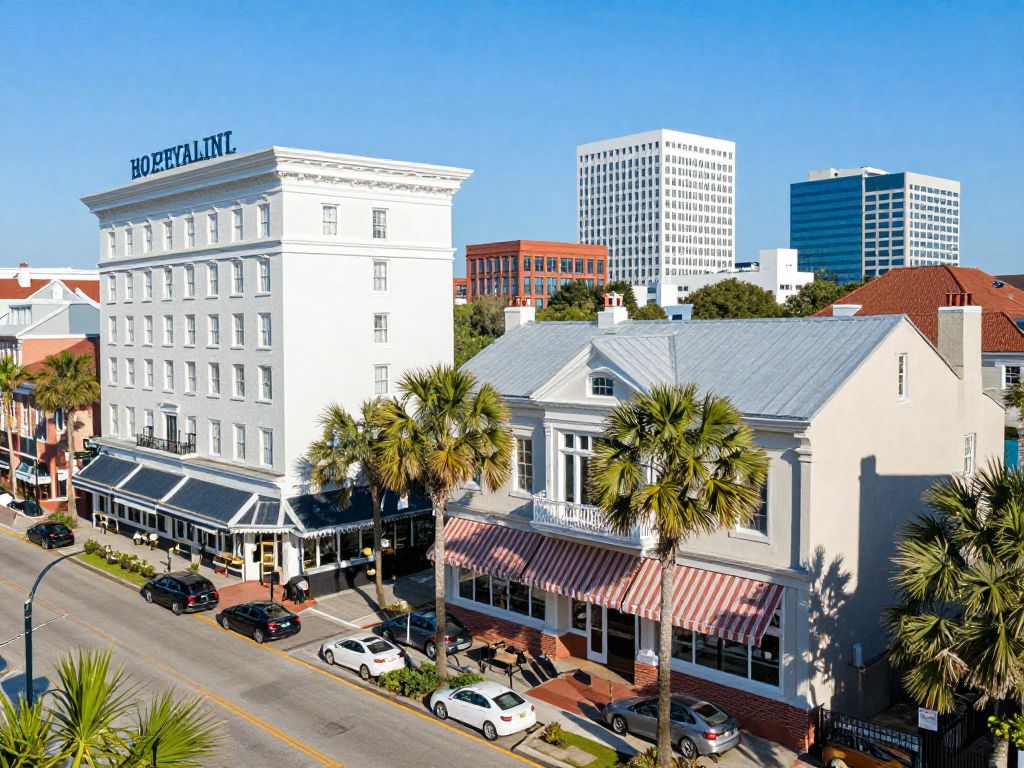 A beautiful view of Charleston's hospitality sector featuring historic buildings and modern hotels.