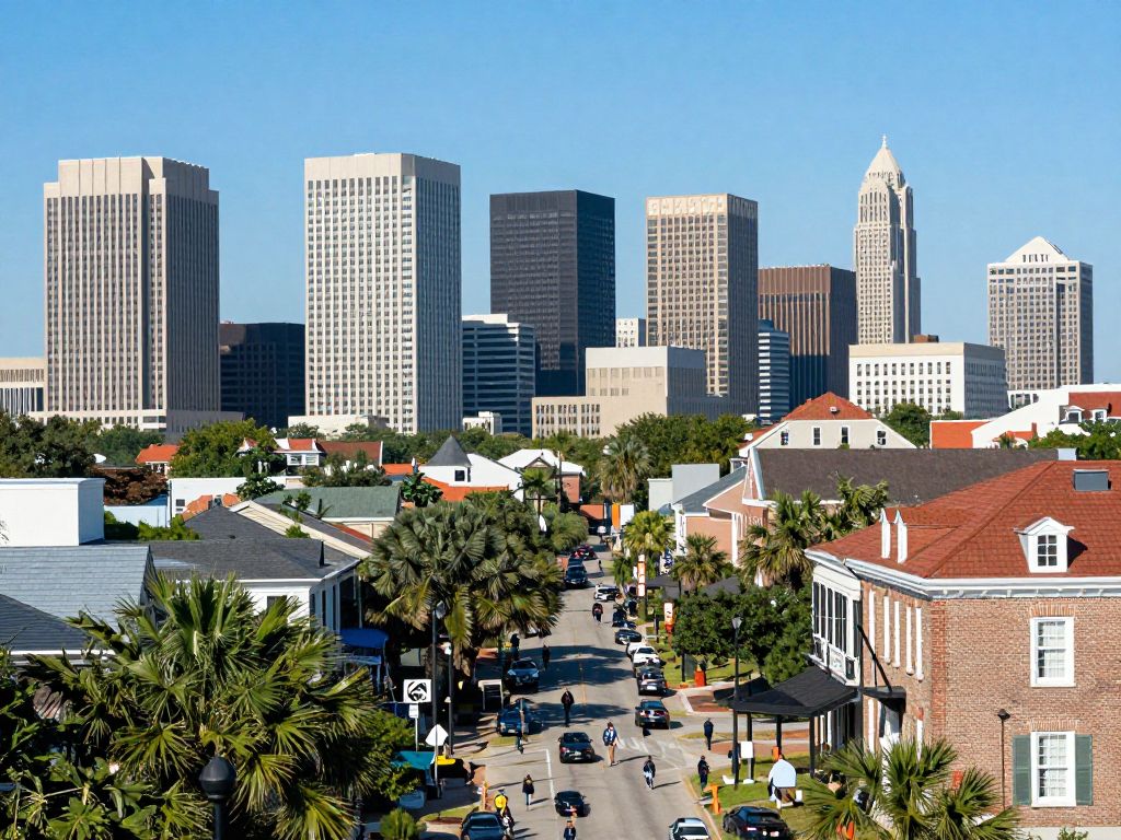 A dynamic view of Charleston's housing landscape with a blend of modern and historic buildings.