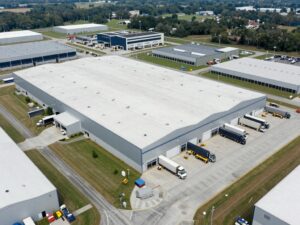 Aerial view of a large industrial warehouse in Charleston, SC.
