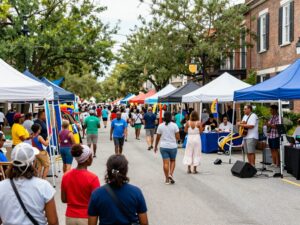 View of Charleston street filled with people enjoying local events and performances.