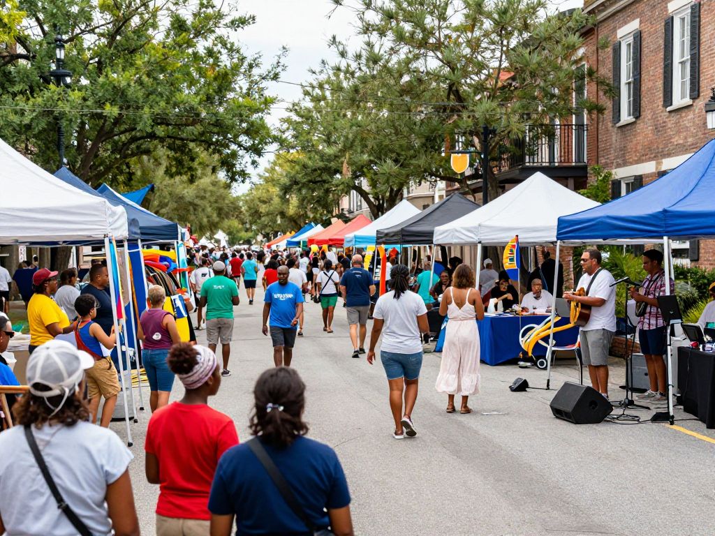 View of Charleston street filled with people enjoying local events and performances.