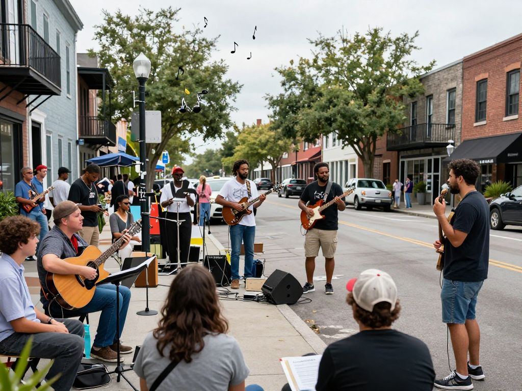 A vibrant scene of Charleston's music culture and creativity.