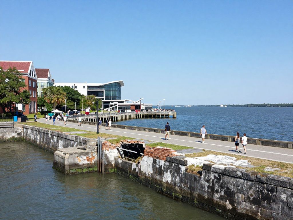 View of the restored Low Battery seawall in Charleston