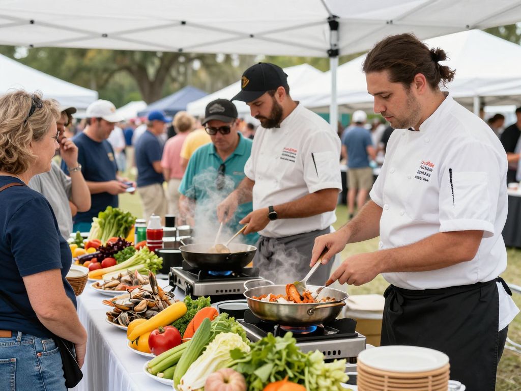 A cooking demonstration at SEWE in Charleston showcasing local seafood and produce.