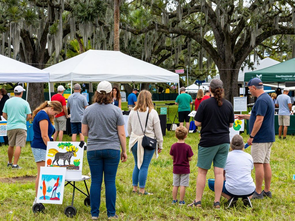 Community members enjoying the Southeastern Wildlife Exposition weekend in Charleston with wildlife art and activities.