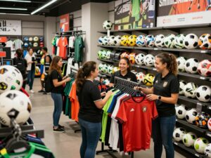 Interior view of a soccer retail store with customers browsing products.