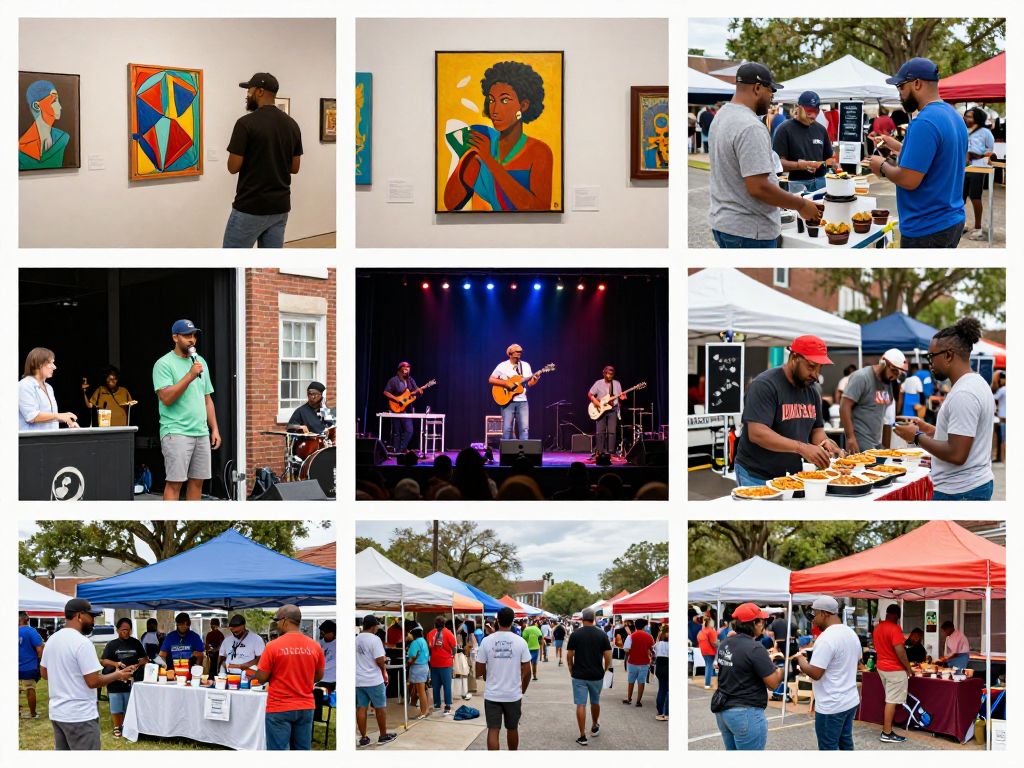 Collage of vibrant Southern community events in Charleston