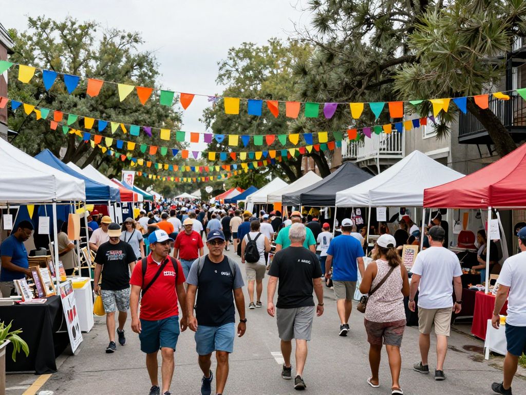 Crowd enjoying a vibrant street festival in Charleston with artisan booths.