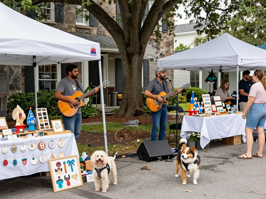 Charleston weekend scene with live music, dogs, and artisan crafts