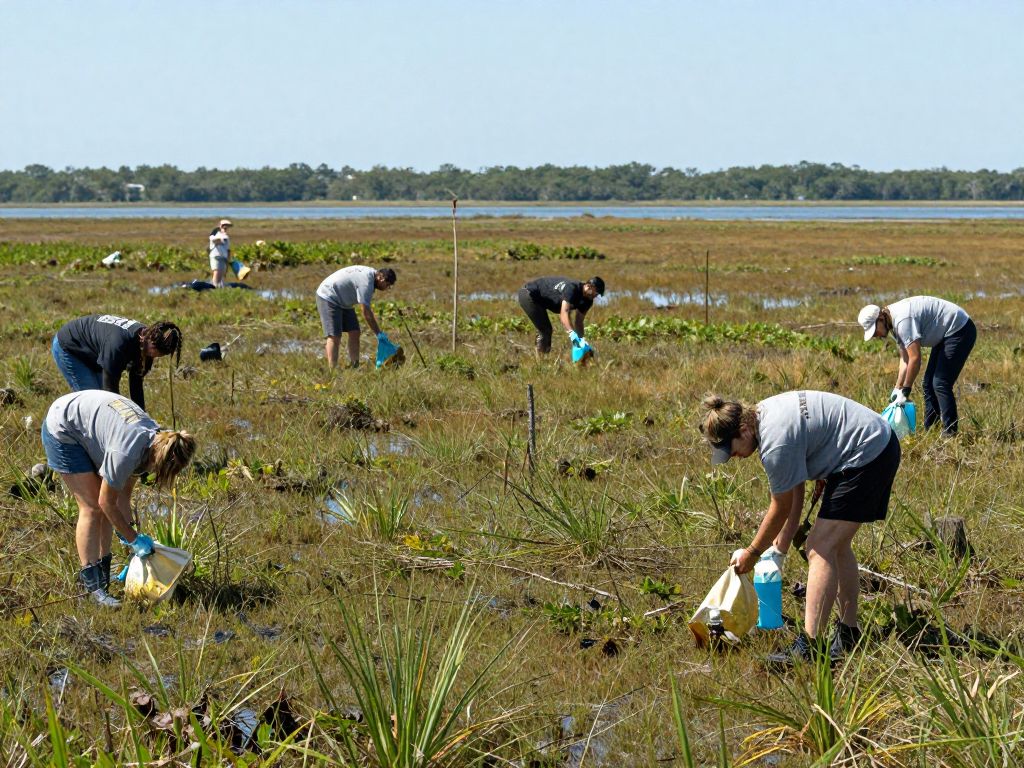 Volunteers participating in a marsh cleanup at Waterfront Park, Charleston.
