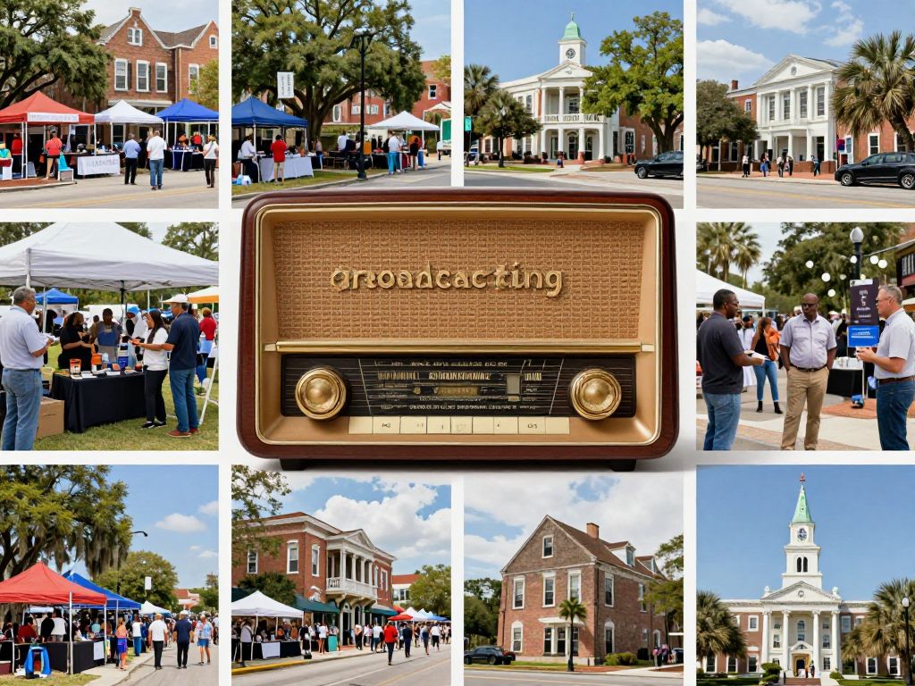 Collage representing Charleston's broadcasting legacy with radio elements and local landmarks