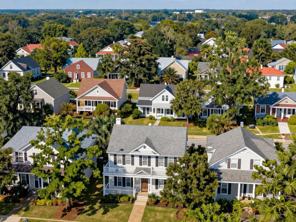 A scenic view of a neighborhood in South Carolina showcasing homes and trees.