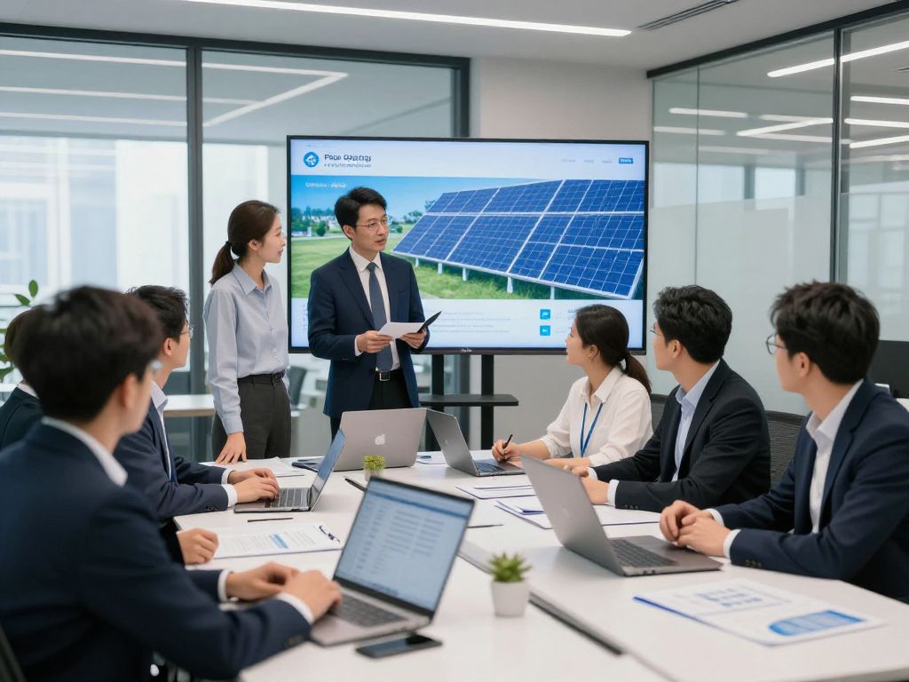 Corporate team discussing clean energy at a conference table