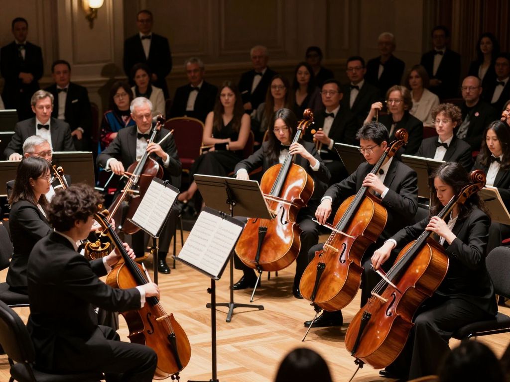 A gala event featuring a full orchestra performing music.