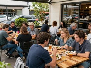Community members enjoying meals in local restaurants during the Dine Where You Live campaign.