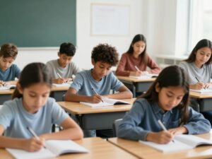 Students of varying backgrounds collaborating in a classroom environment.