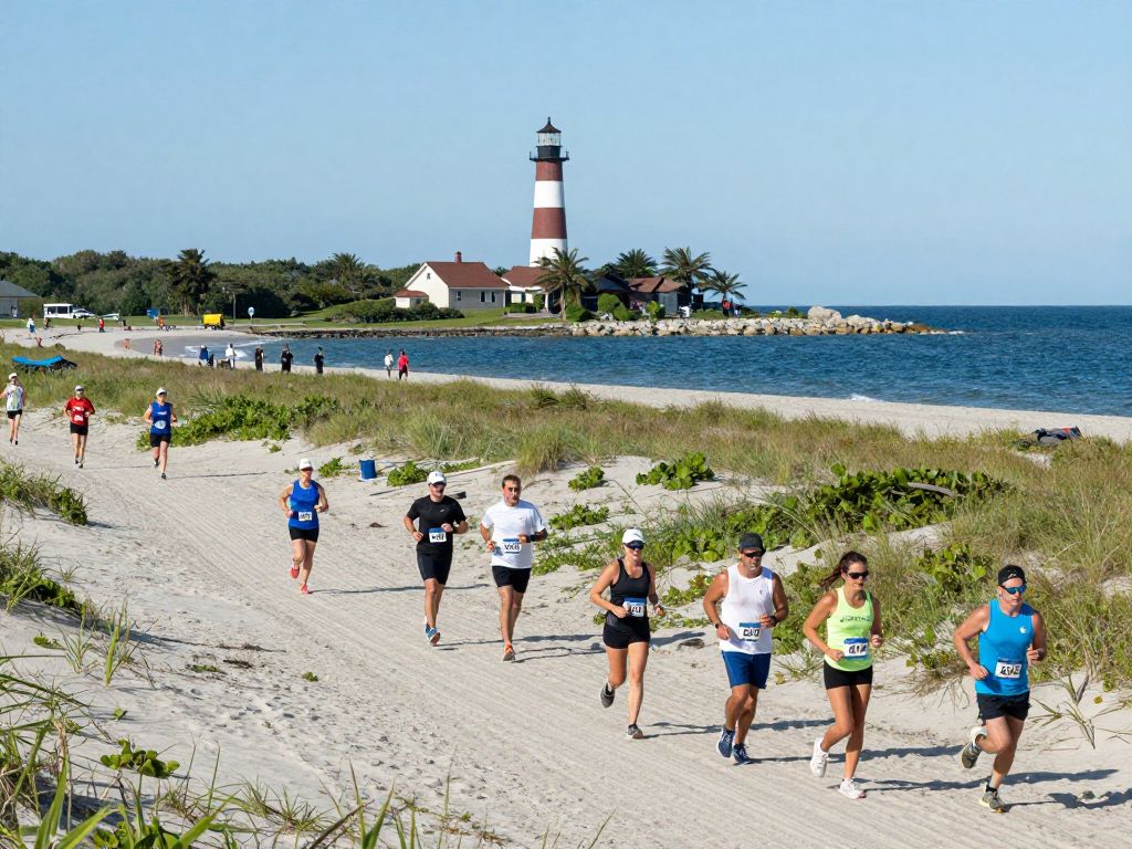 Runners participating in the Folly Beach 'Save the Light' race with ocean views