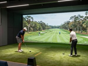 Golfers using advanced simulators in Charleston golf course