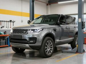 Land Rover vehicle being repaired in an automotive workshop