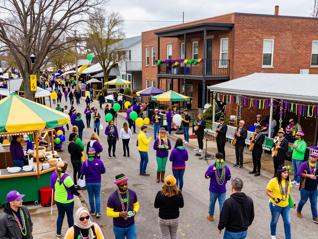 Festive scene from the Mardi Gras celebration in Park Circle showing lively participants and colorful decorations.