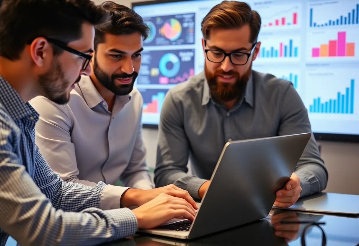 A marketing team examining consumer behavior analysis data.