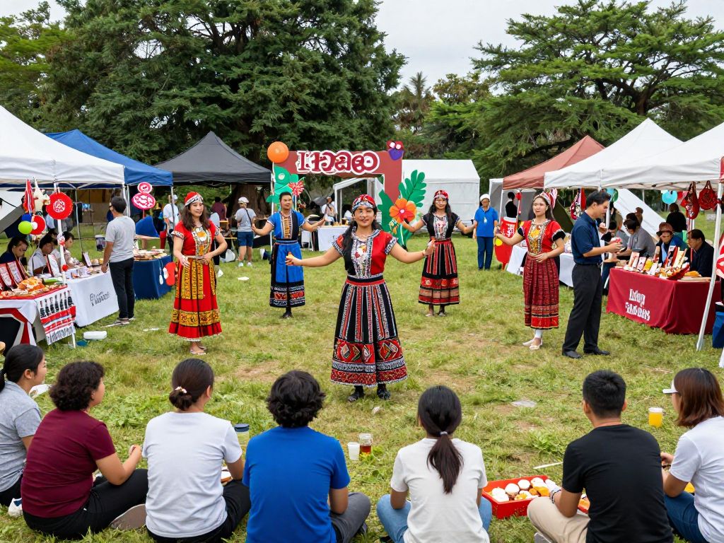 A colorful scene from the Midlands Spring Festivals with people enjoying various cultural activities.