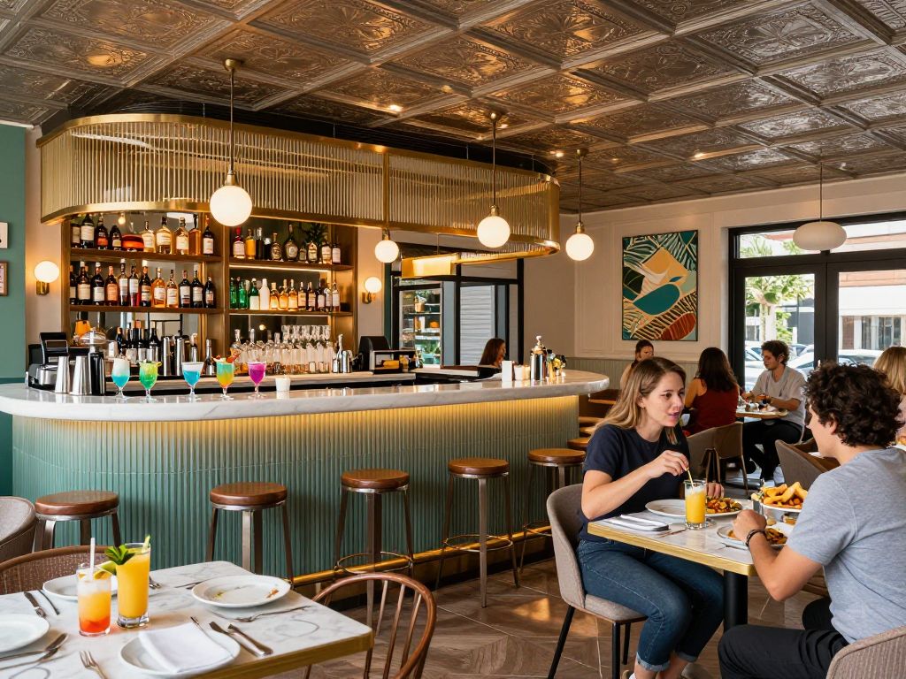 Interior of Mother's Ruin in Charleston with cocktails and brunch dishes.