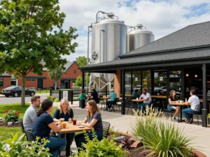 Exterior view of a modern brewpub and coffee shop in West Ashley