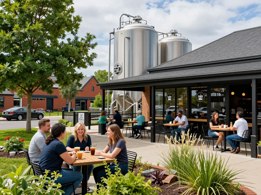 Exterior view of a modern brewpub and coffee shop in West Ashley