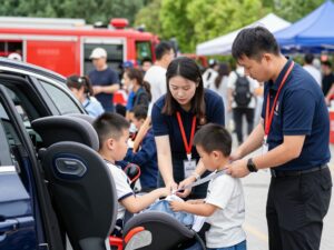 Families participating in the free car seat checkup event at North Charleston Fire Museum.