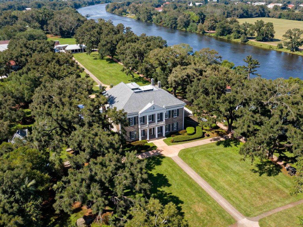 Aerial view of Parker's Ferry Plantation showcasing its estate and surrounding landscape