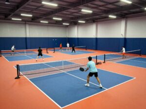 Players enjoying a game at PickleRage indoor pickleball facility in North Charleston