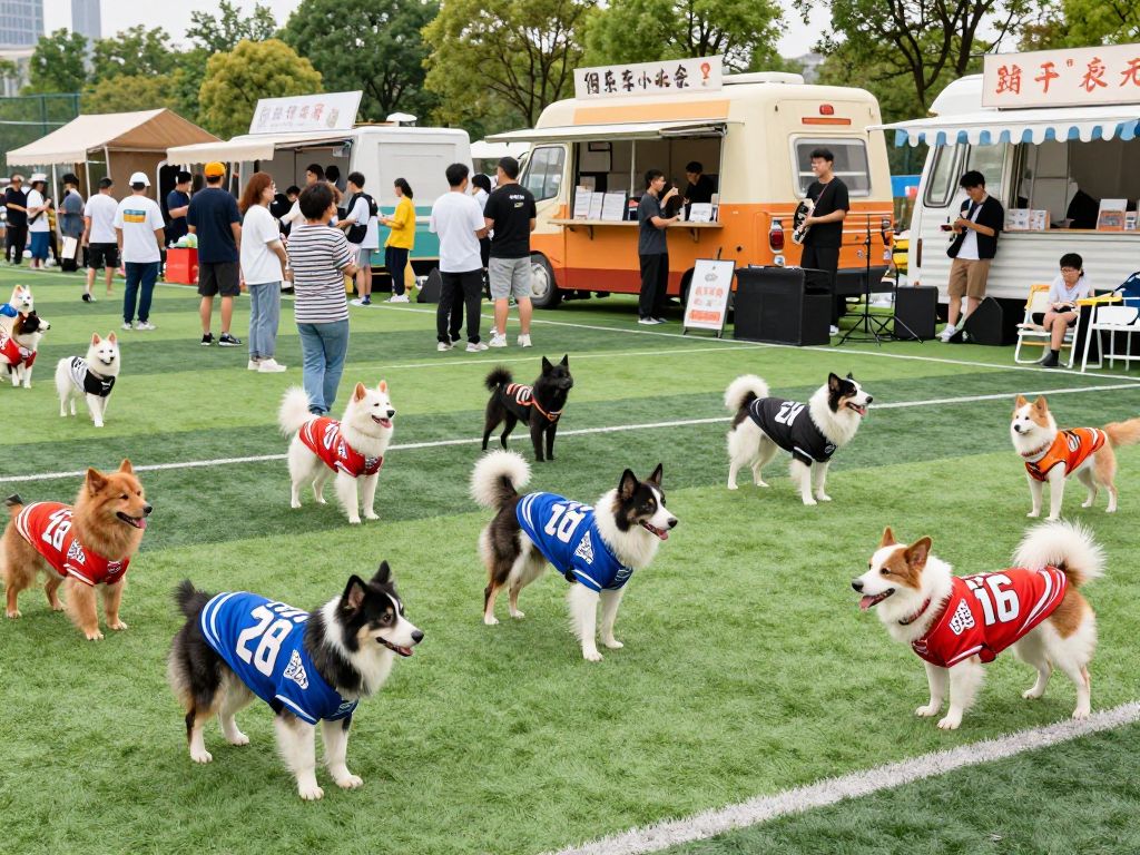 Dogs in jerseys engaged in a fun football match surrounded by people
