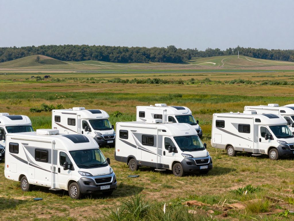 Recreational vehicles parked in a scenic area
