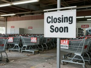 Closed Saks Off 5th store with sign indicating closure