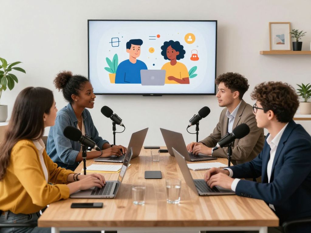 Sales professionals recording a podcast in a modern office