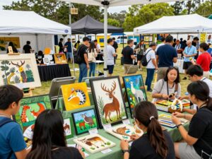 People enjoying the Southeastern Wildlife Exposition with wildlife art displays.