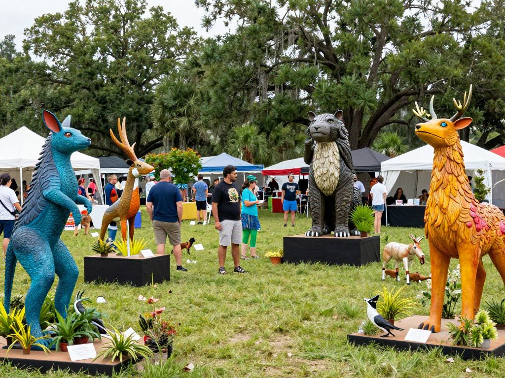 Crowd enjoying SEWE festival with wildlife sculptures and live exhibits.