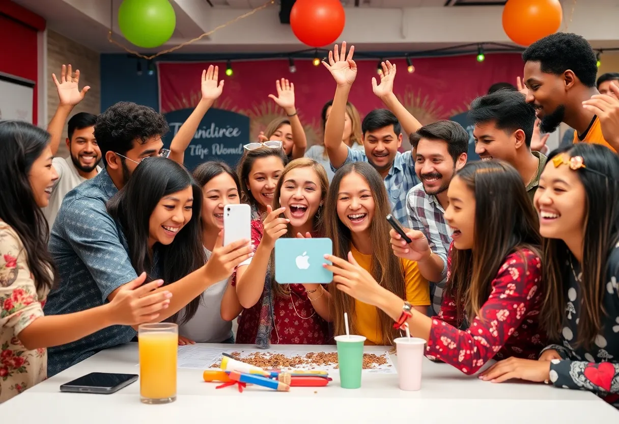 Diverse participants enjoying a social media challenge outdoors.