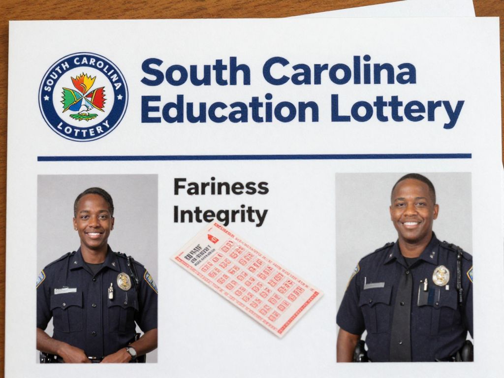 Visual representation of South Carolina Education Lottery tickets with law enforcement themes.