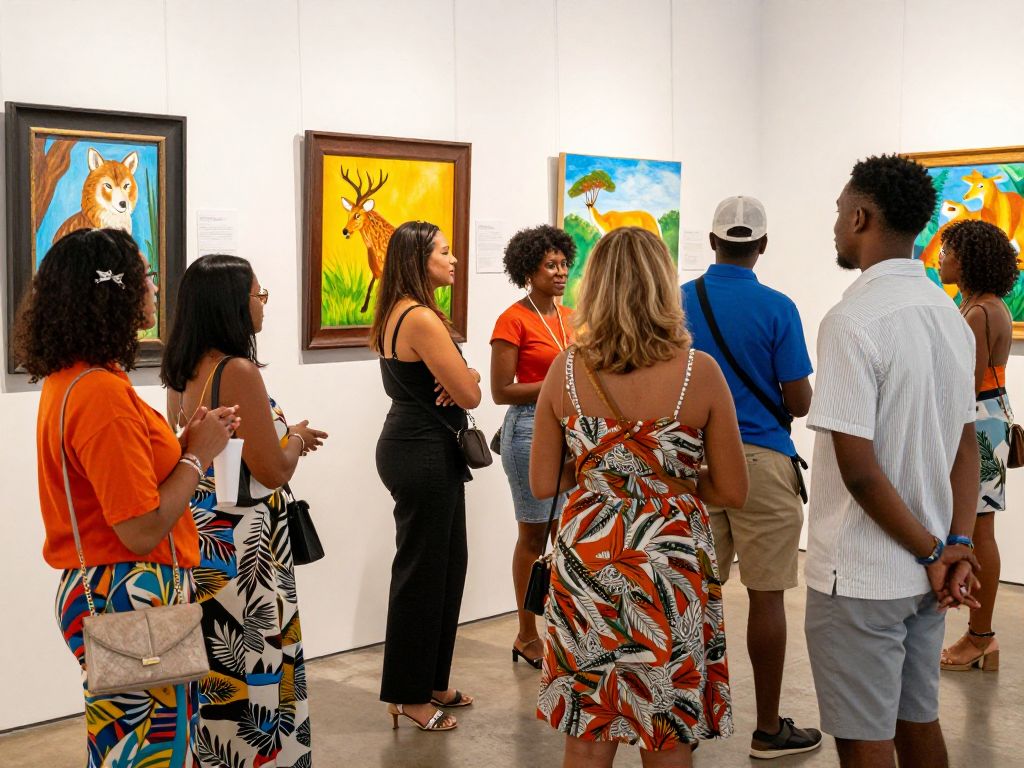 Attendees enjoying the Southeastern Wildlife Exposition with art displays and stylish outfits.