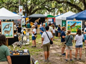 Attendees at the Southeastern Wildlife Exposition viewing wildlife art and exhibits in Charleston.