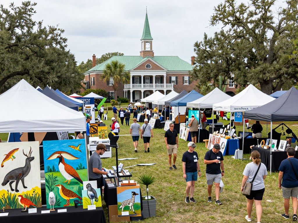 Crowd enjoying the Southeastern Wildlife Exposition with wildlife art displays in Charleston.